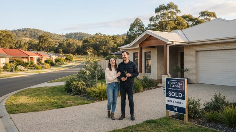 First home buyer couple at a new house-and-land package in regional Gippsland