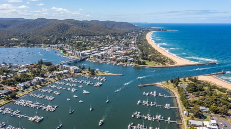 Lakes Entrance Victoria waterfront and bay with boats