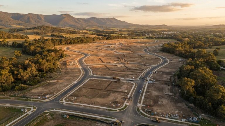 Aerial photograph of a new residential subdivision under construction in the Latrobe Valley, Gippsland, with curving streets and cleared home sites at golden hour