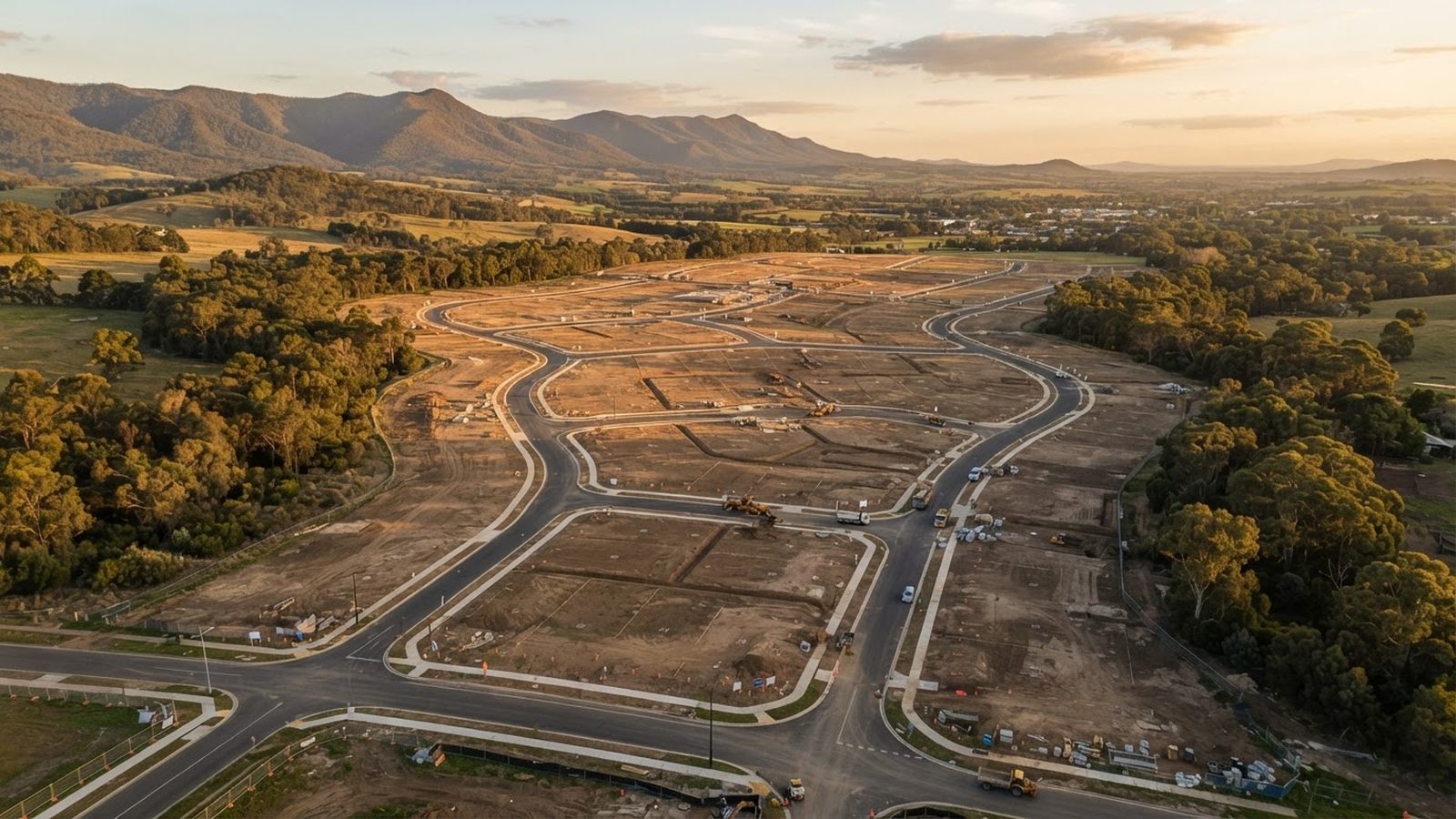 Aerial photograph of a new residential subdivision under construction in the Latrobe Valley, Gippsland, with curving streets and cleared home sites at golden hour