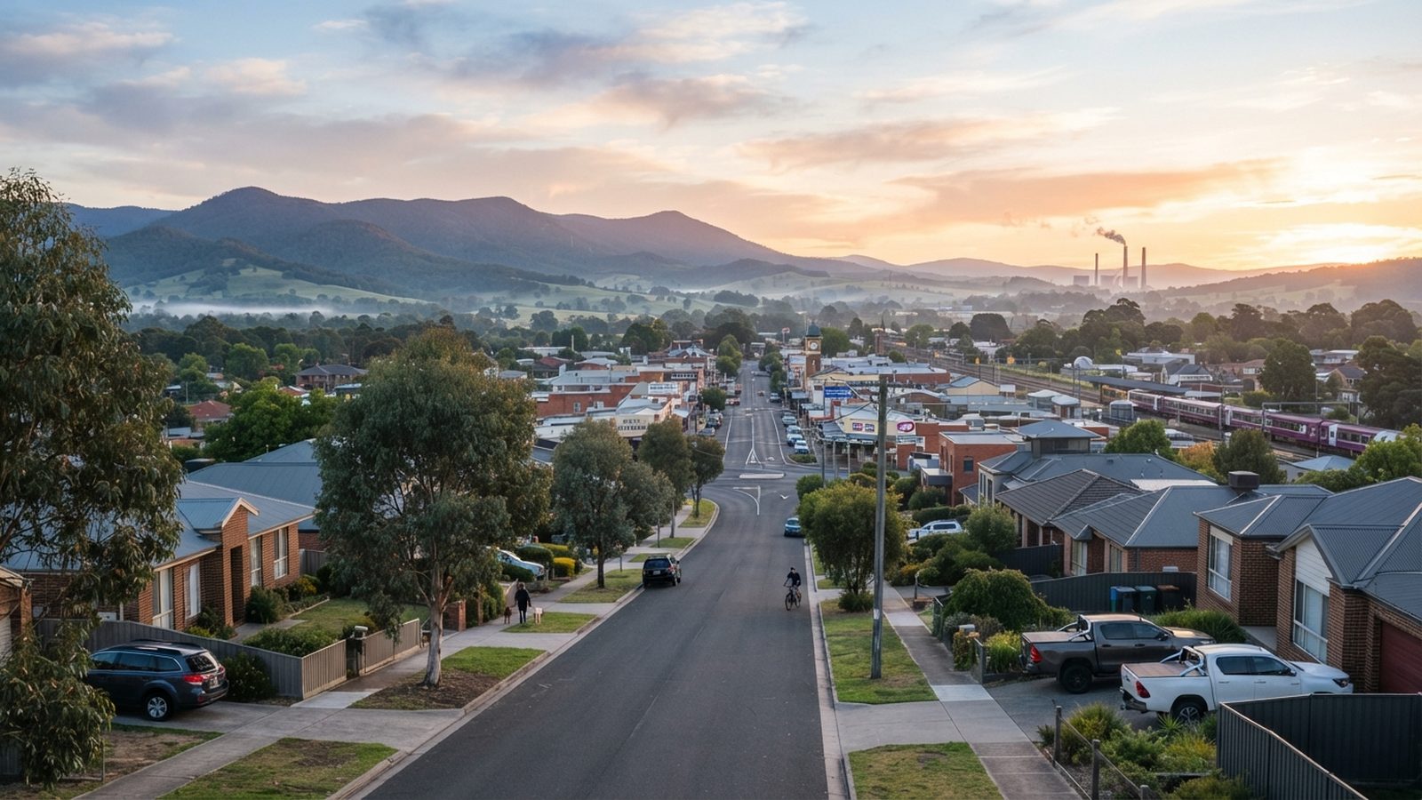 Wide photograph of a regional Victorian town centre at sunrise, showing modern Australian residential streetscape with the Latrobe Valley-Gippsland township corridor and rolling hills in the distance.