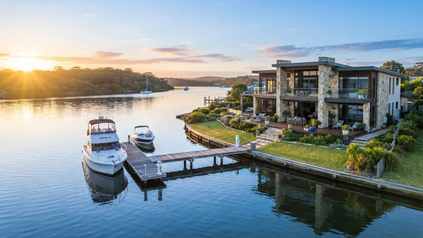 Premium waterfront home with private jetty on the Gippsland Lakes at Paynesville with Raymond Island visible across the channel
