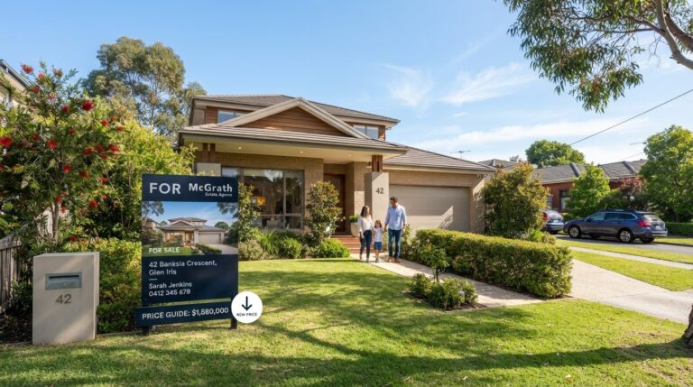 Modern family home with for sale sign showing price drop