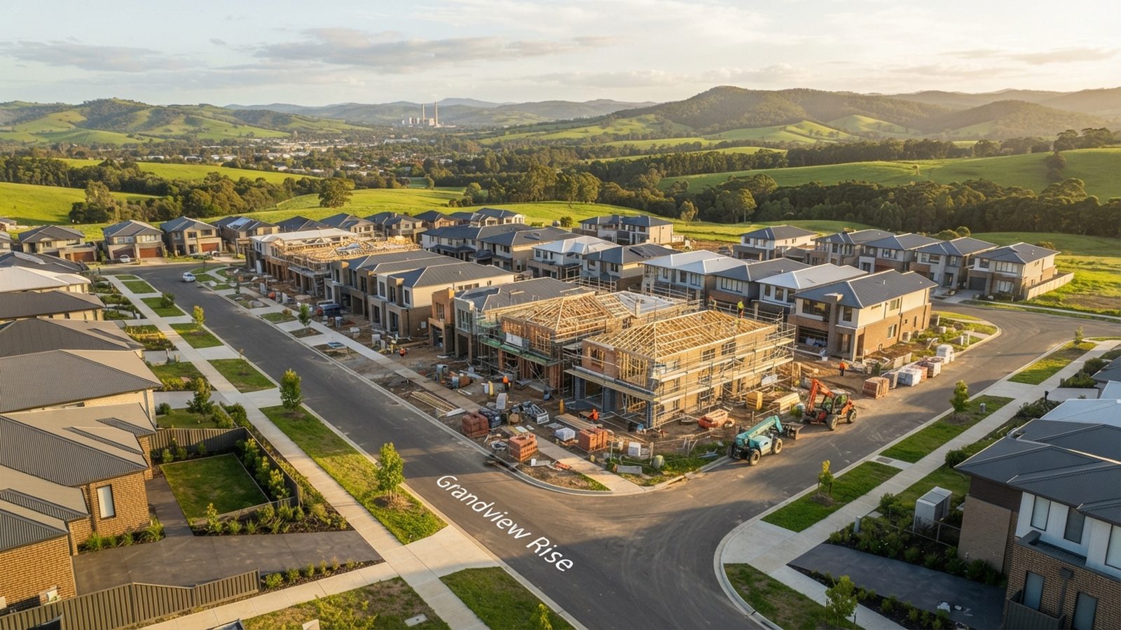 Aerial view of Traralgon Latrobe Valley residential townhouse development under construction with green hills in the background