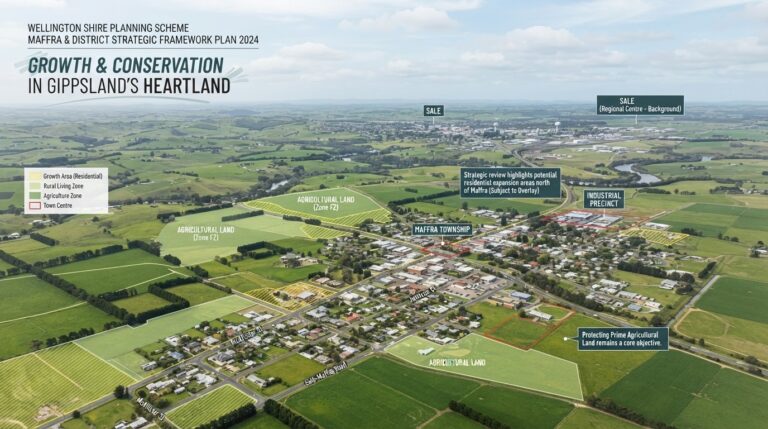 Aerial view of Wellington Shire farmland and Sale town, planning scheme context