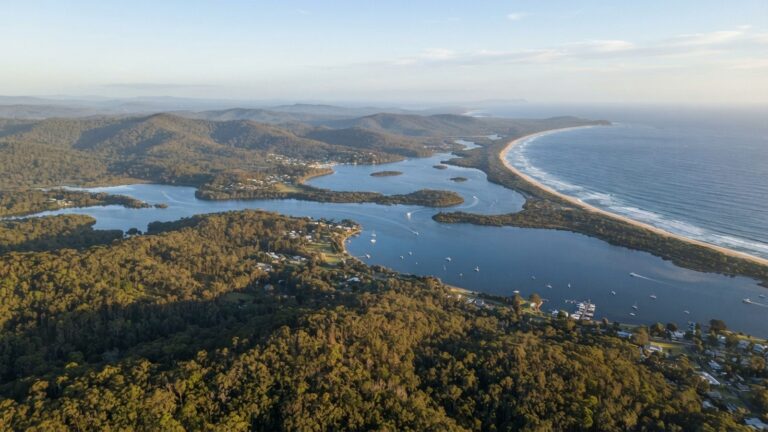 Aerial view of the Gippsland Lakes and East Gippsland coastline at golden hour