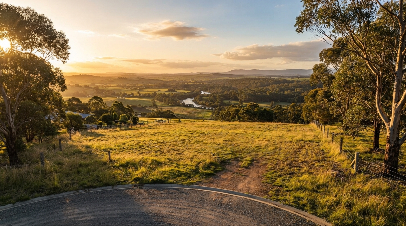 An elevated 1500sqm building block at the end of a quiet cul-de-sac in Nicholson VIC 3882, East Gippsland, photographed at golden hour with eucalyptus gums and a distant view toward the Nicholson River corridor and farmland.