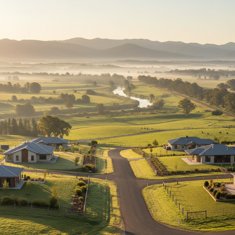Nicholson VIC 3882 elevated residential blocks and the Nicholson River winding through East Gippsland farmland at golden hour, with the East Gippsland Rail Trail alignment visible as a tree-lined corridor