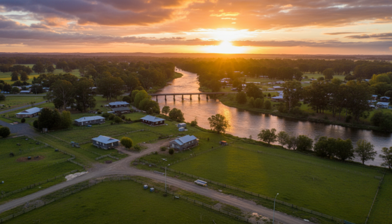 Snowy River winding through Orbost 3888 East Gippsland at golden hour, with a low timber bridge, weatherboard houses and eucalyptus gums along the riverbank, rural-residential countryside backdrop