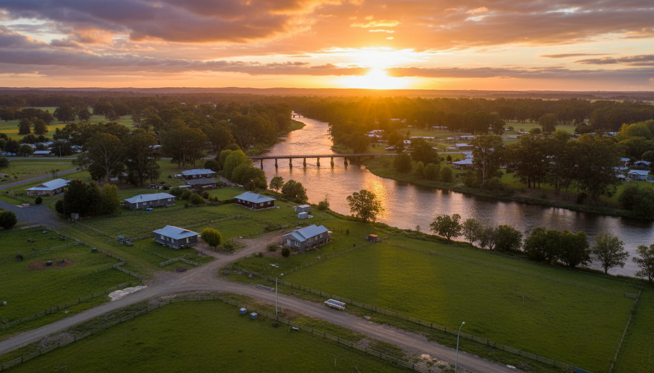 Snowy River winding through Orbost 3888 East Gippsland at golden hour, with a low timber bridge, weatherboard houses and eucalyptus gums along the riverbank, rural-residential countryside backdrop