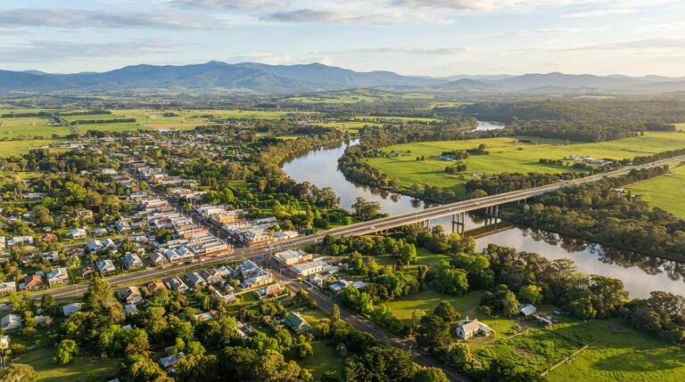 Aerial panoramic view of Stratford on the Avon River, Gippsland, Princes Highway bridge, farmland and Mount Hotham foothills