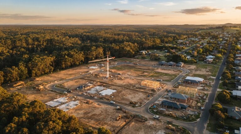 Aerial view of an East Gippsland housing subdivision under construction with a crane and surveyed lots