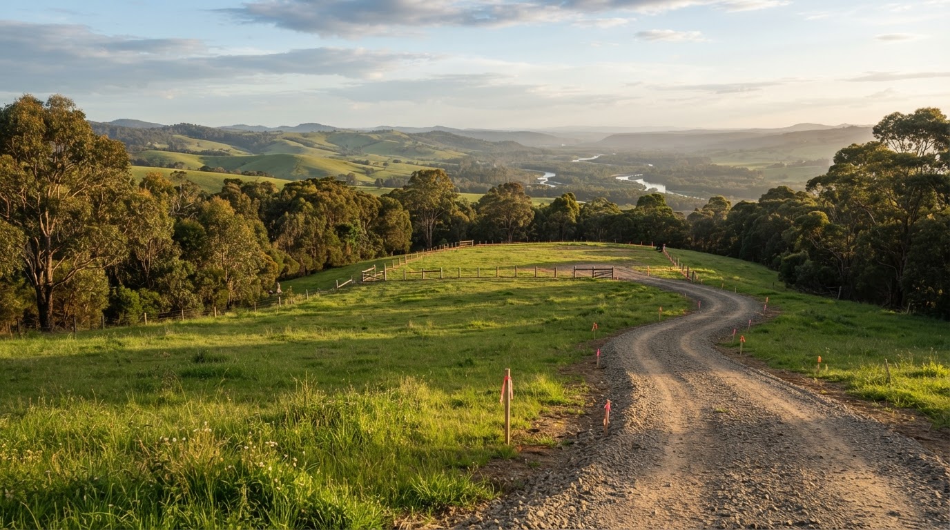Elevated rural-residential building block in East Gippsland at golden hour, with a graded driveway, gum tree boundaries and survey pegs marking the dream-home site