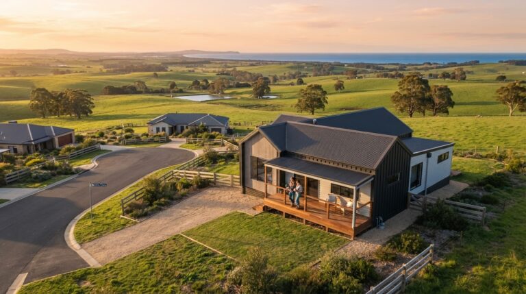Newly built modern farmhouse on elevated cul-de-sac block in East Gippsland countryside near Nicholson VIC, young couple on porch at golden hour, first home buyer dream property