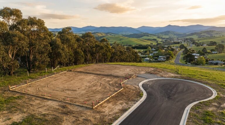Elevated rural-residential building block on the edge of a small East Gippsland town at golden hour, with a graded building pad, survey pegs, a sealed cul-de-sac and gum tree boundaries