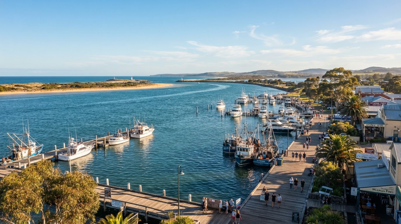 Lakes Entrance Victoria waterfront and bay with boats