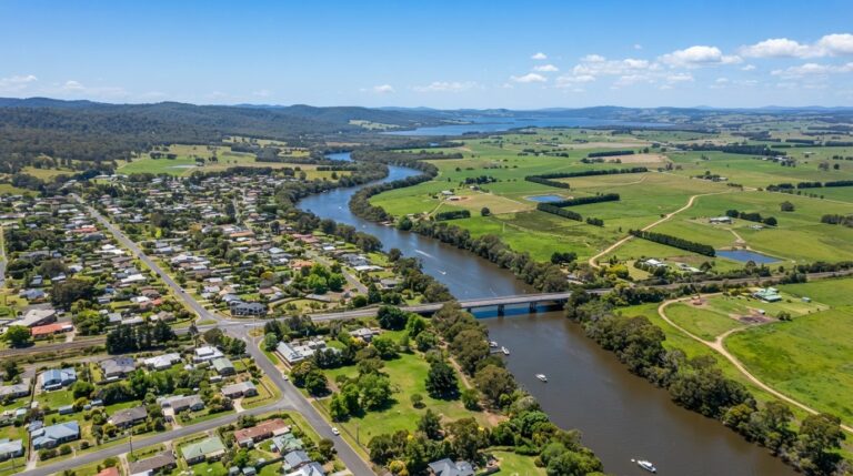 Nicholson township aerial view showing the Nicholson River and East Gippsland countryside