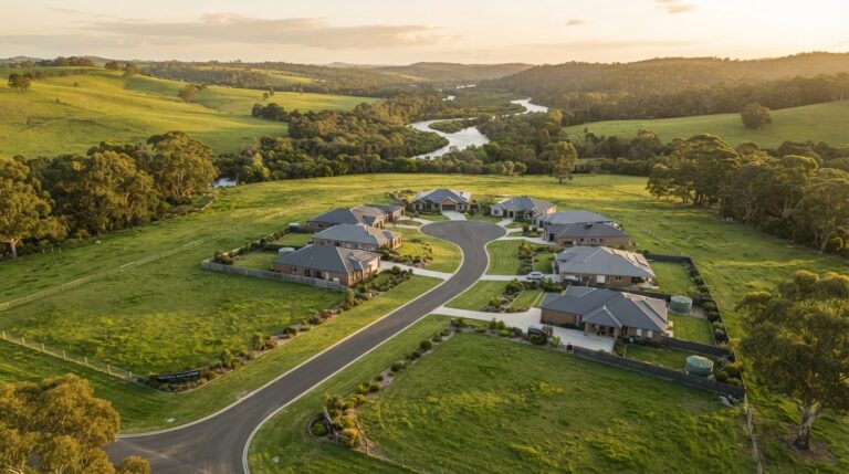 Wide aerial landscape at golden hour of Nicholson River Estate in Nicholson East Gippsland showing an elevated cul-de-sac with new dream-home blocks and rolling green country with the Nicholson River in the distance