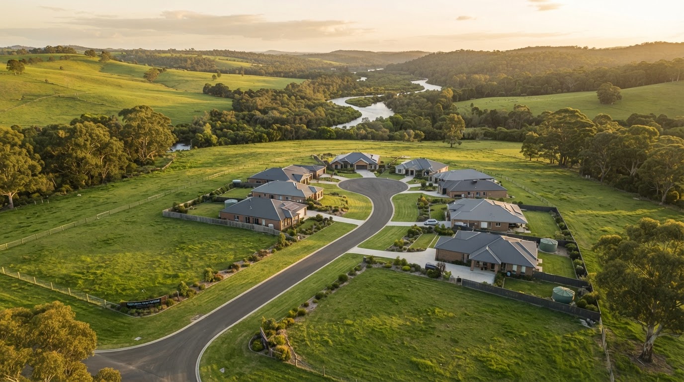 Wide aerial landscape at golden hour of Nicholson River Estate in Nicholson East Gippsland showing an elevated cul-de-sac with new dream-home blocks and rolling green country with the Nicholson River in the distance