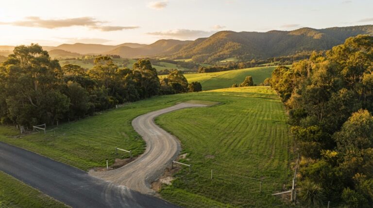 Elevated rural-residential block with graded driveway and gum tree boundaries in East Gippsland near Nicholson VIC 3882, the kind of site available for a dream-home build in 2026