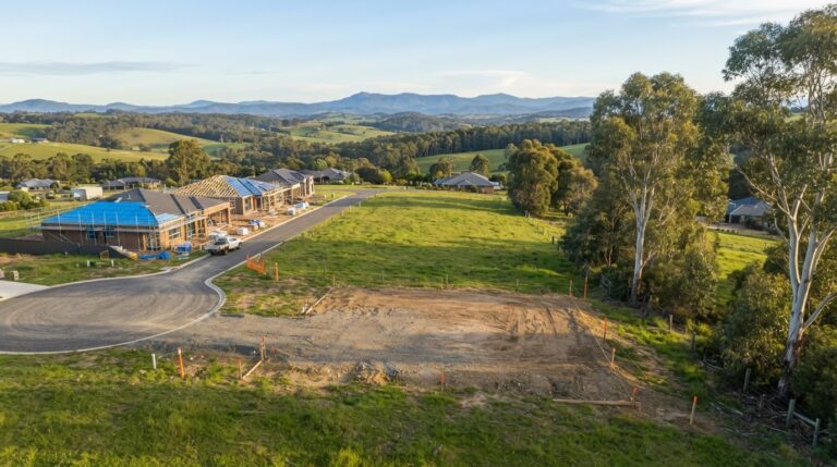 Elevated rural-residential building block with a graded house pad and survey pegs in the East Gippsland countryside near Nicholson, with sealed cul-de-sac access and gum tree boundaries