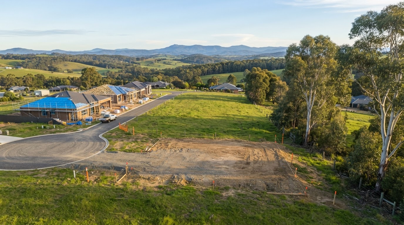 Elevated rural-residential building block with a graded house pad and survey pegs in the East Gippsland countryside near Nicholson