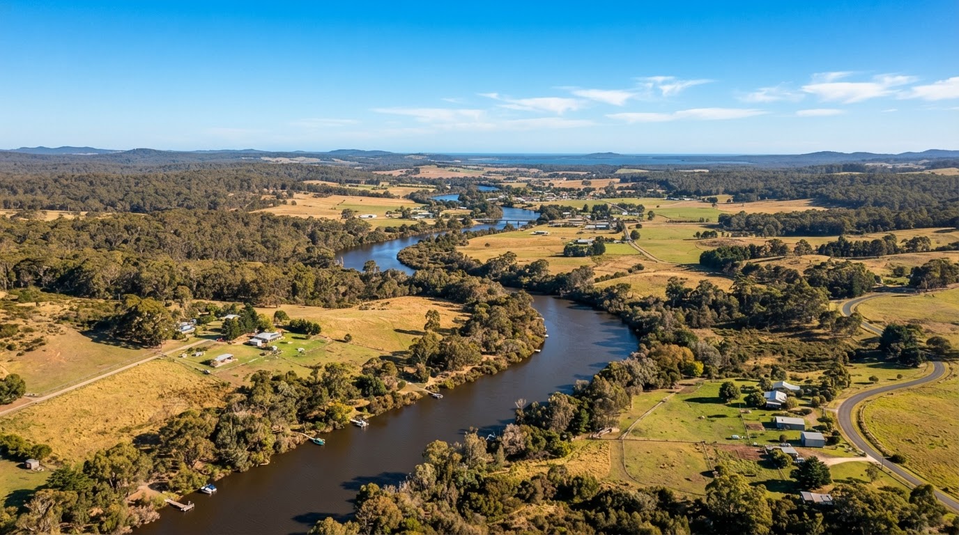 Aerial view of Nicholson River with bridge and East Gippsland countryside