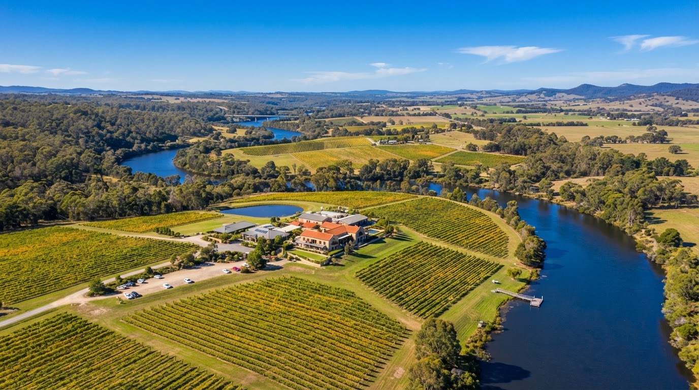 Nicholson River Estate aerial view showing the Nicholson River and surrounding Gippsland countryside