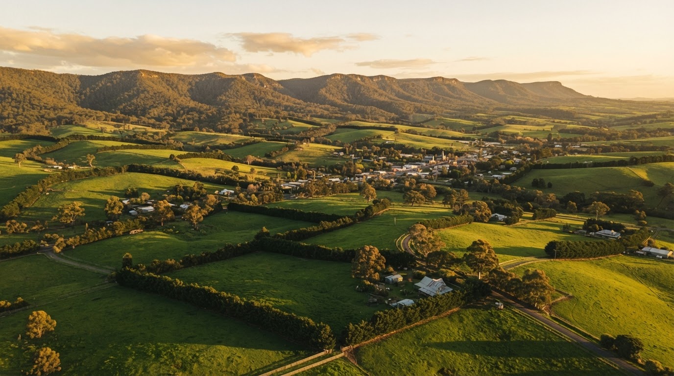 Aerial view of South Gippsland farmland and a country town below the Strzelecki Ranges