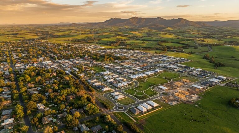 Aerial view of a West Gippsland regional town with new residential estates meeting established streets and dairy farmland