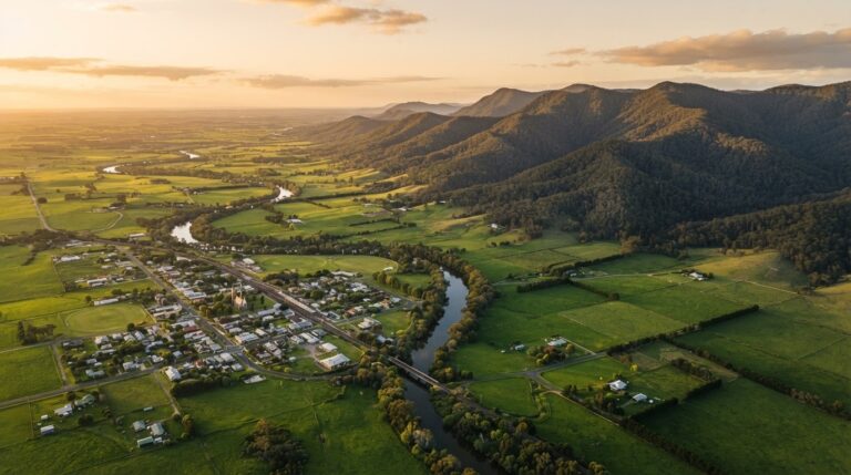 Aerial view contrasting a Wellington Shire river town with the forested foothills of East Gippsland